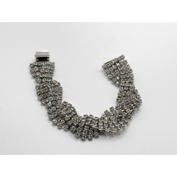 Vintage Clear Rhinestones Bracelet Braided Overlap Silver Tone Jewelry - Picture 2 of 3